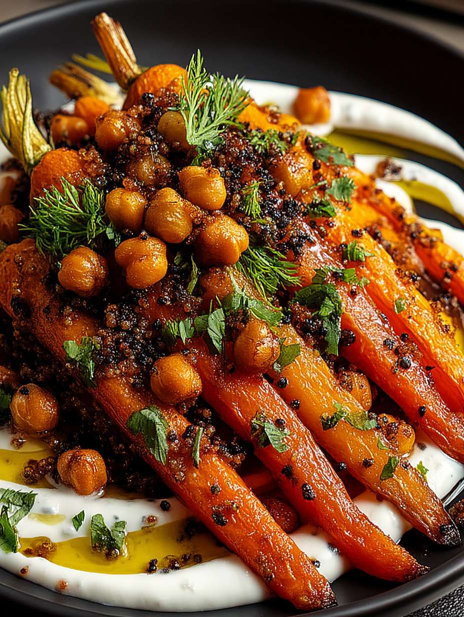 Würzige Ahorn-Röstkarotten mit knusprigen Kichererbsen & Joghurtsauce – Einfach & Gesund