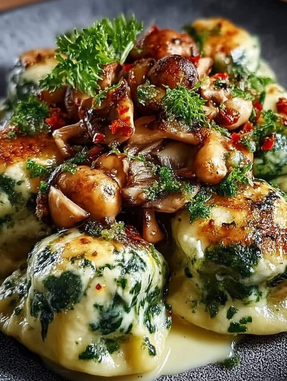 Herzhafte Spinatknödel mit cremigem Pilzragout: Einfach & Lecker